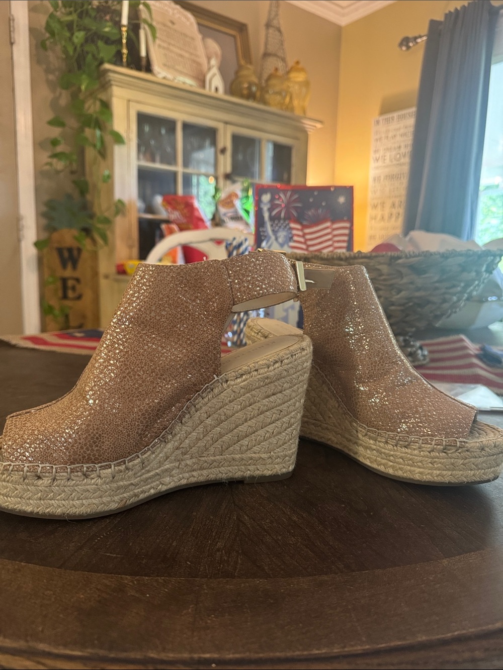 Kenneth Cole Rose Gold Sparkle Espadrille Wedge Sandal